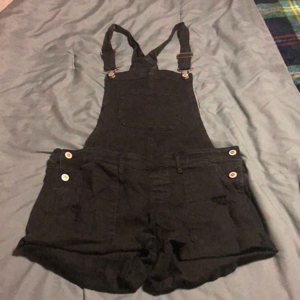 HOLLISTER Black Denim Distressed Overall Shorts Jumper